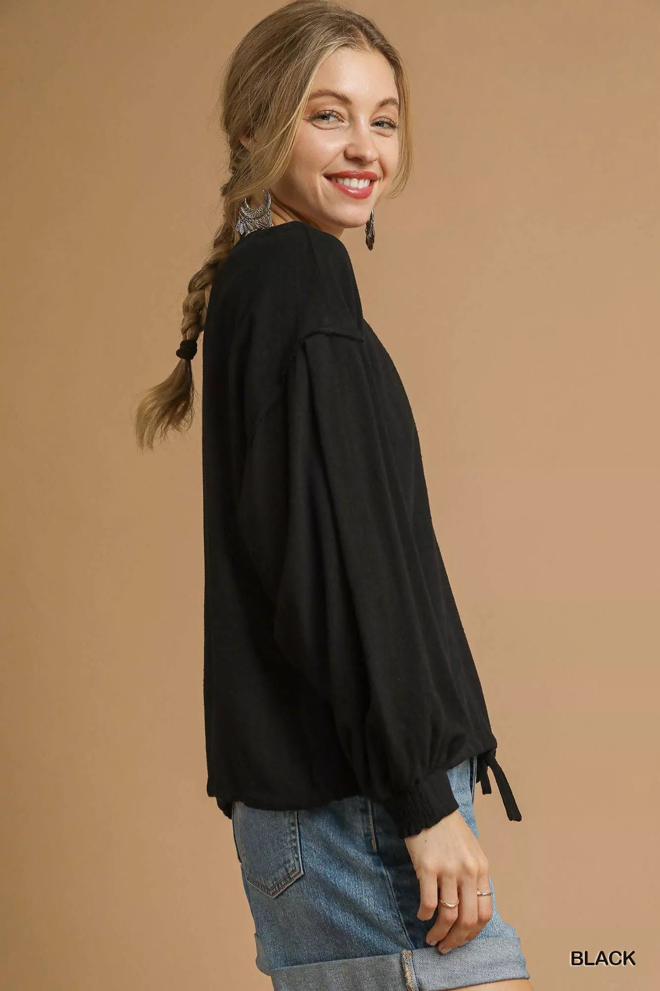 Linen Long Sleeve Top with Drawstring  at In Style Chics Boutique 