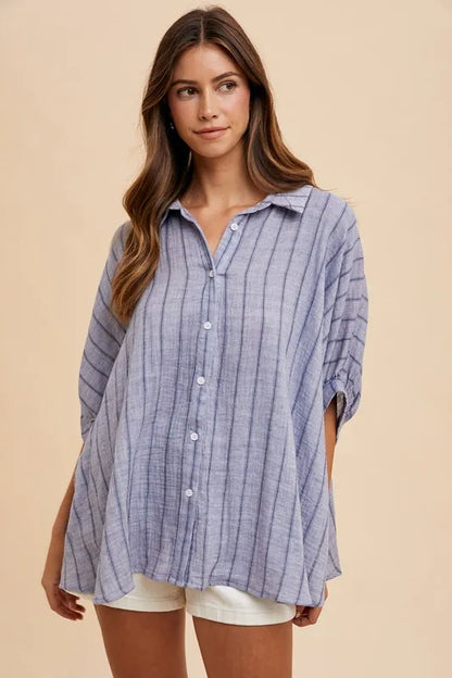Shop this Dusty Blue Striped Button Up Half Sleeve Shirt at In Style Chics Boutique 💙