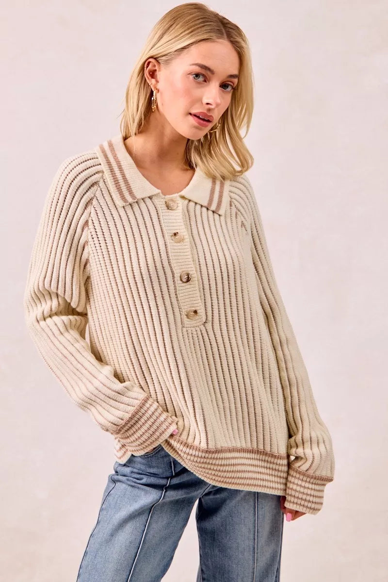 Half Button Ribbed Two Tone Sweater at In Style Chics Boutique 
