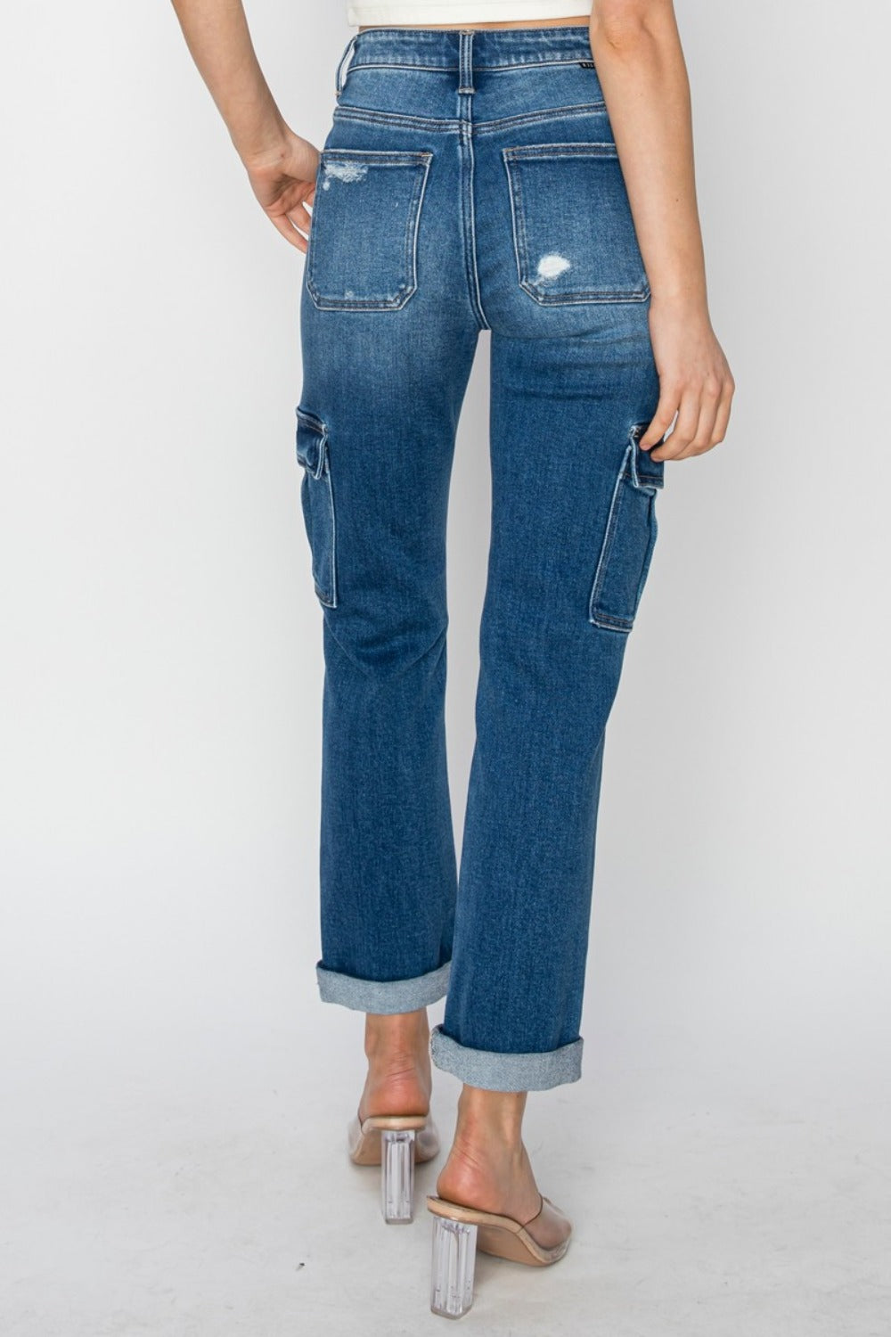 RISEN Full Size High Rise Cargo Ankle Roll Up Straight Jeans - In Style Chics Boutique LLC