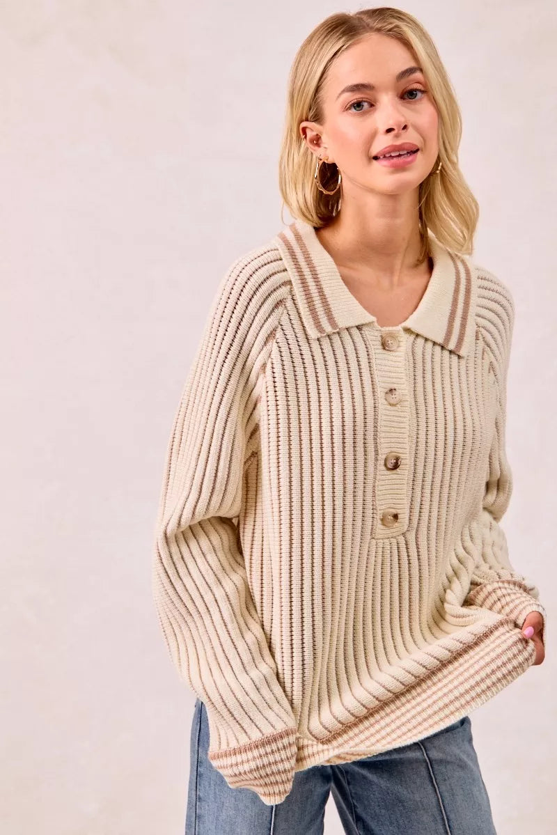 Half Button Ribbed Two Tone Sweater at In Style Chics Boutique 