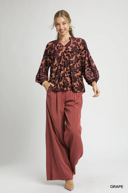 Floral Velvet Blouse with Balloon Sleeves at In Style Chics Boutique