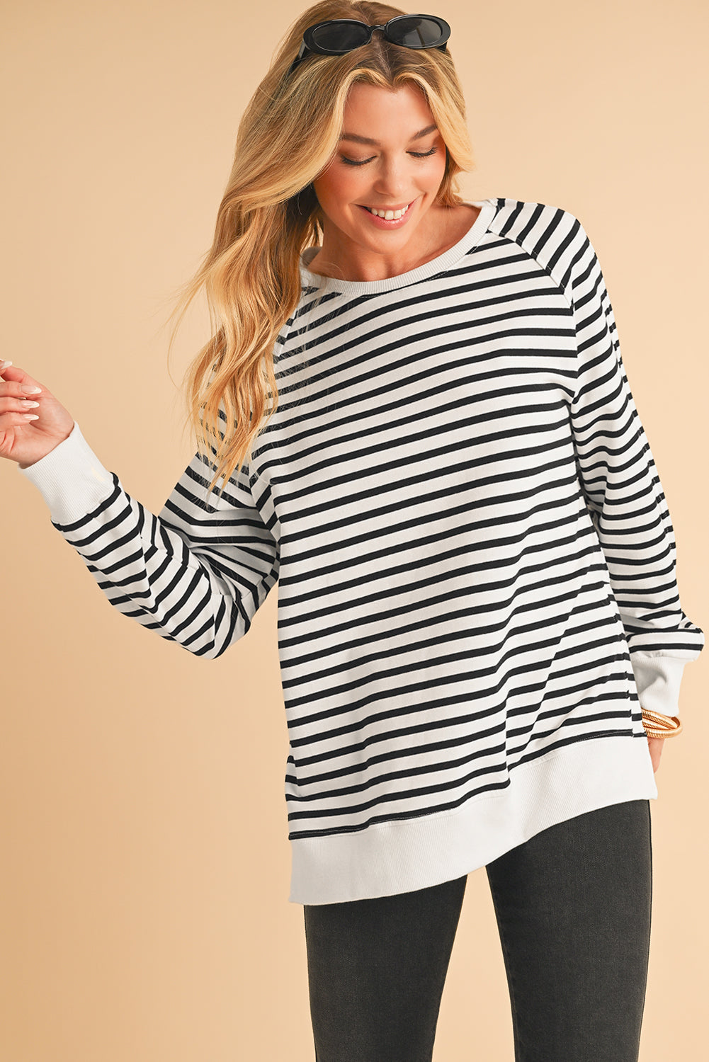 Black Stripe Raglan Sleeve Loose Split Sweatshirt - In Style Chics Boutique LLC