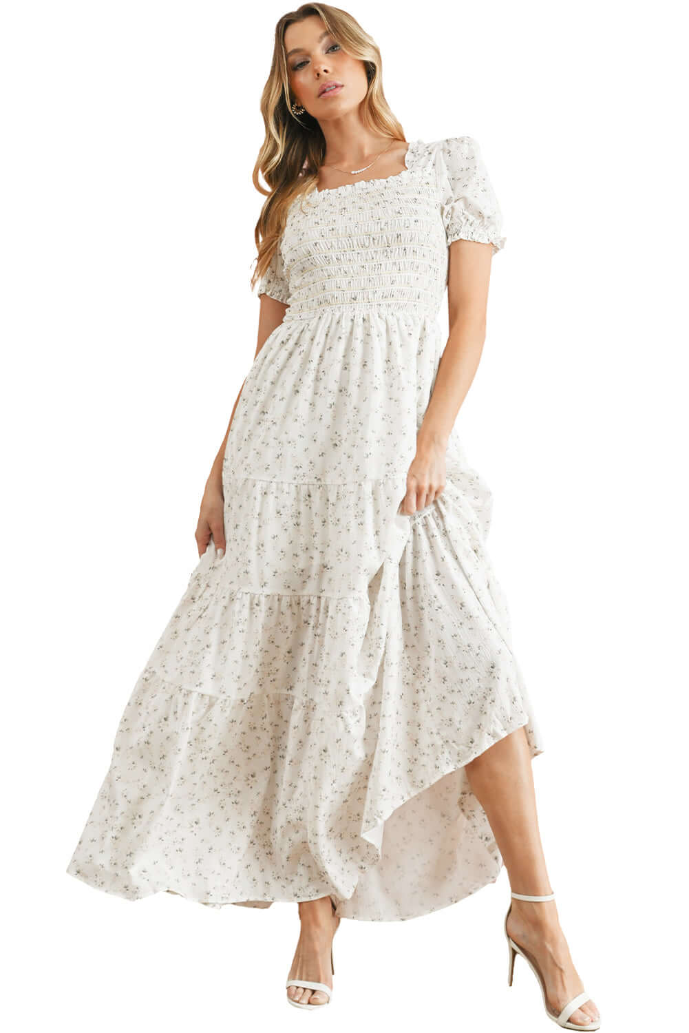 White Frill Neckline Shirred Bodice Floral Maxi Dress - In Style Chics Boutique Online Clothing Women's Juniors Apparel 