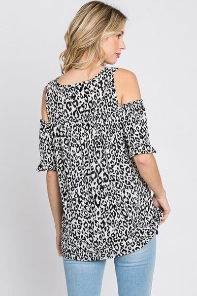 Leopard Round Neck Cold Shoulder T-Shirt Plus Size