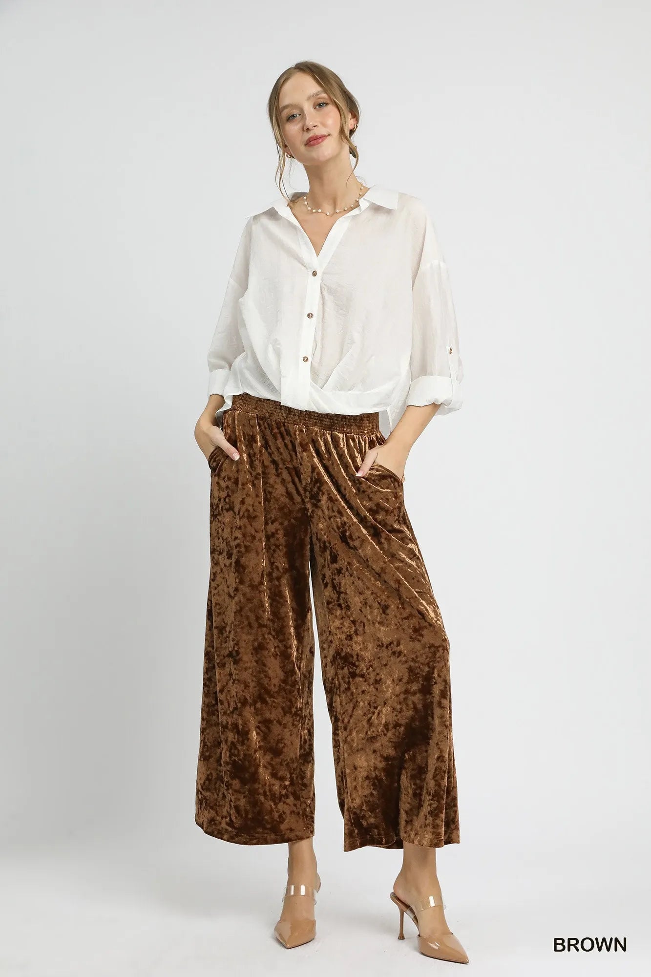 Velvet Wide Leg Pants Smocked Waistband at In Style Chics Boutique 