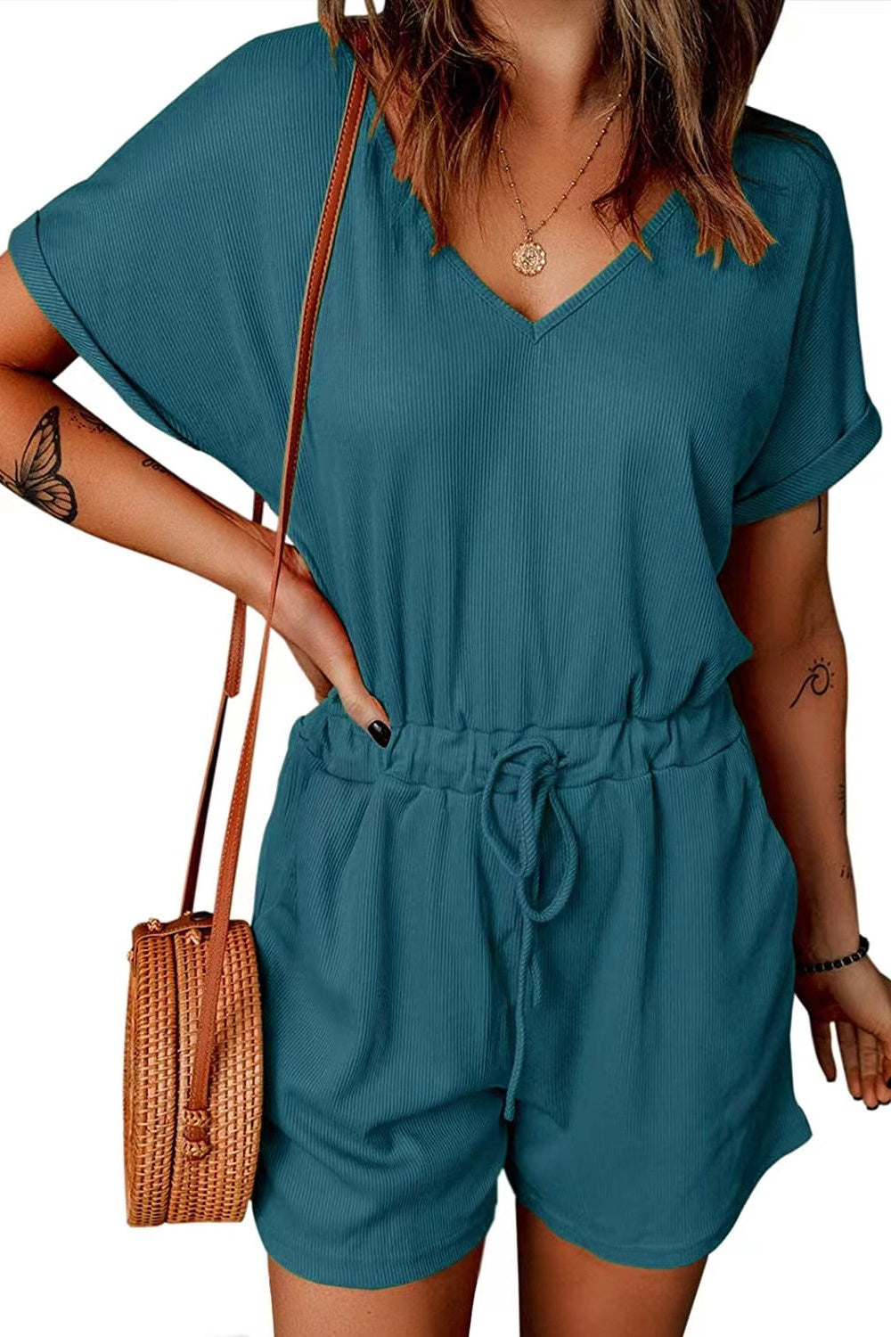 Full Size Drawstring V-Neck Short Sleeve Romper - More Colors! - In Style Chics Boutique LLC