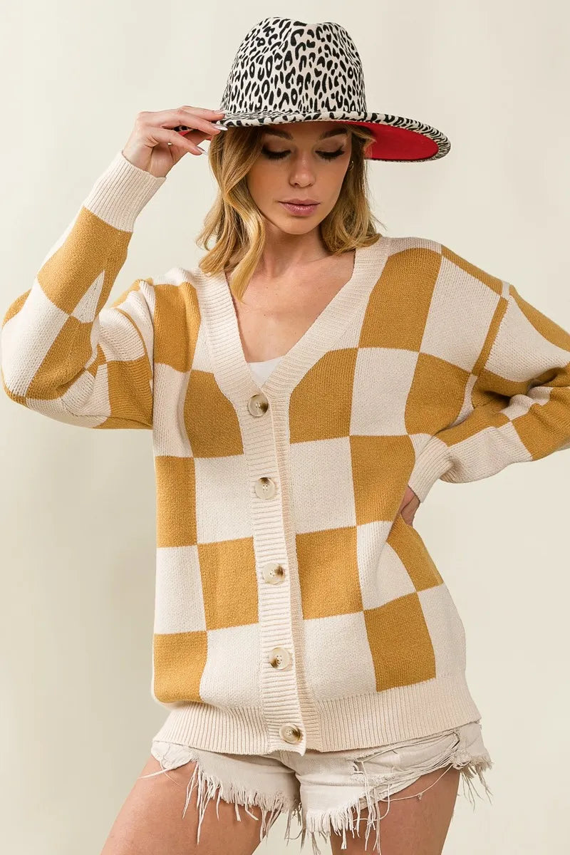 Checked V-neck Cardigan at In Style Chics Boutique 