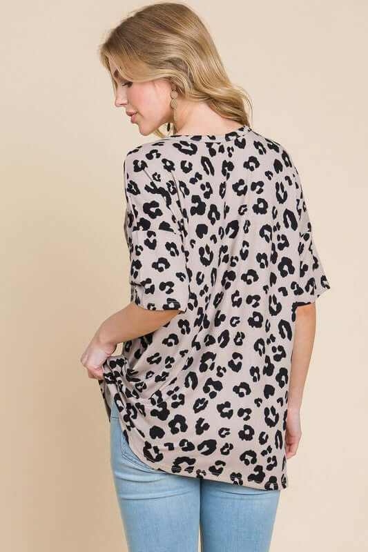 Button Detail Exposed Seam Leopard Half Sleeve Top - Cute Clothing Online Women's Juniors Apparel - In Style Chics Boutique 