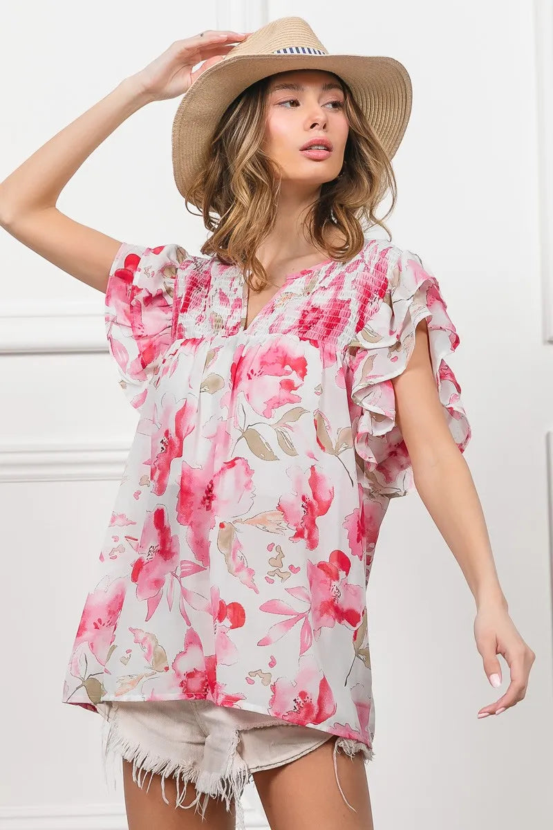 Floral Print Flutter Sheer Top at In Style Chics Boutique 