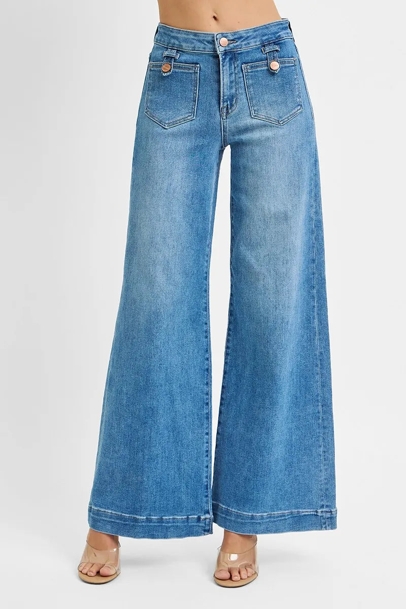 RISEN Mid Rise Wide Leg Front Patch Pocket Jeans at In Style Chics Boutique