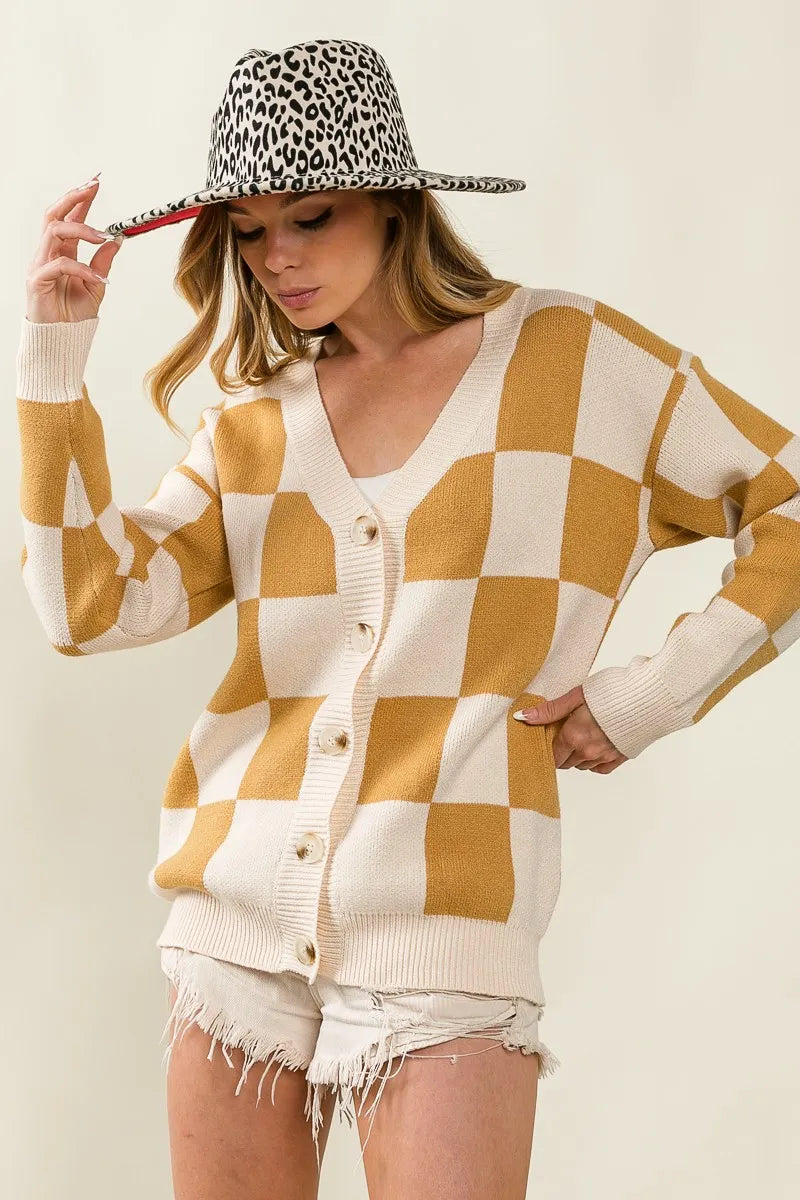 Checked V-neck Cardigan at In Style Chics Boutique 