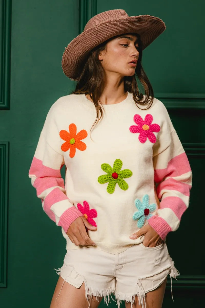 Colorful Floral Patched Sweater with Striped Sleeve at In Style Chics Boutique 