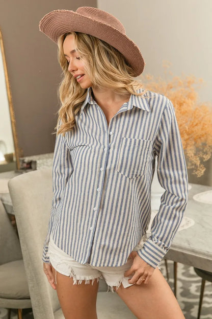 Striped Button Down Shirt, Lurex Linen at In Style Chics Boutique 