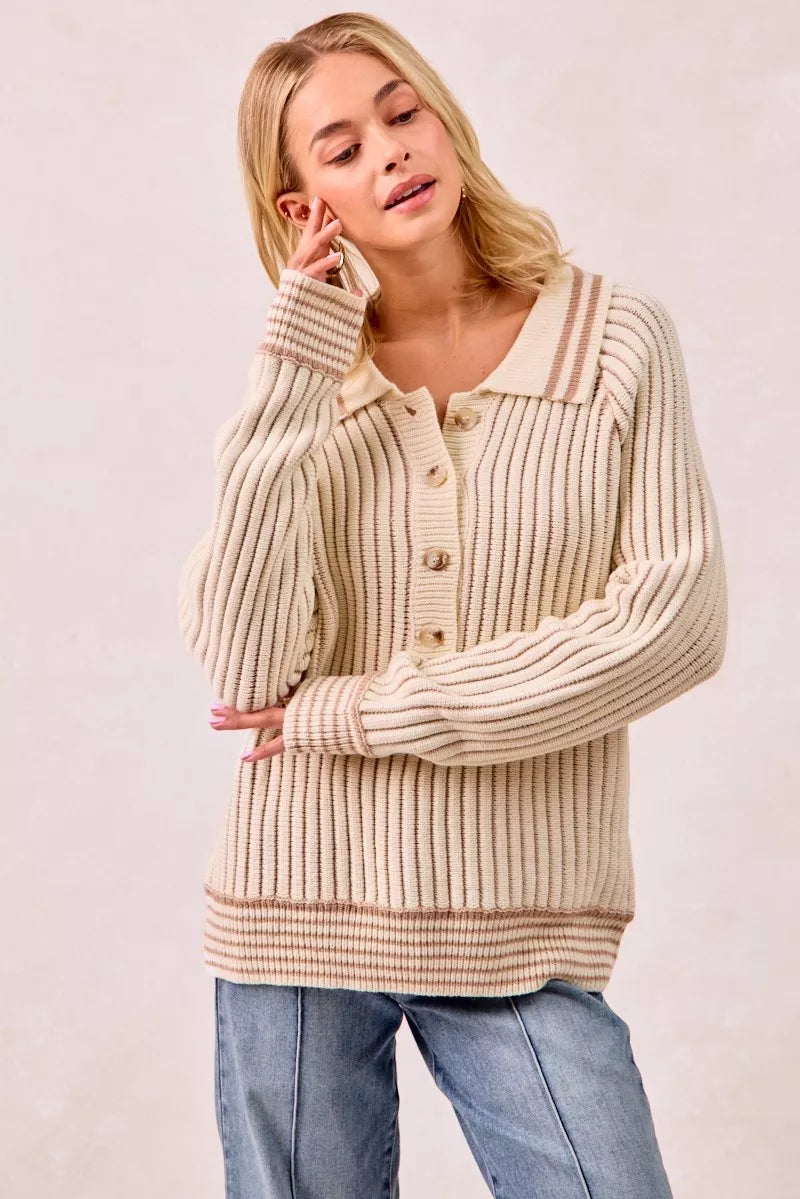 Half Button Ribbed Two Tone Sweater at In Style Chics Boutique 