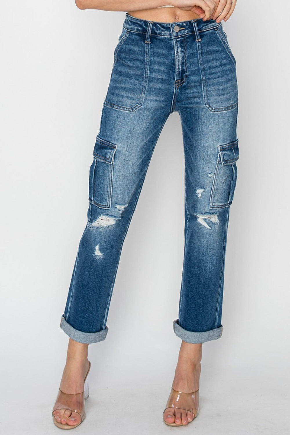 RISEN Full Size High Rise Cargo Ankle Roll Up Straight Jeans - In Style Chics Boutique LLC