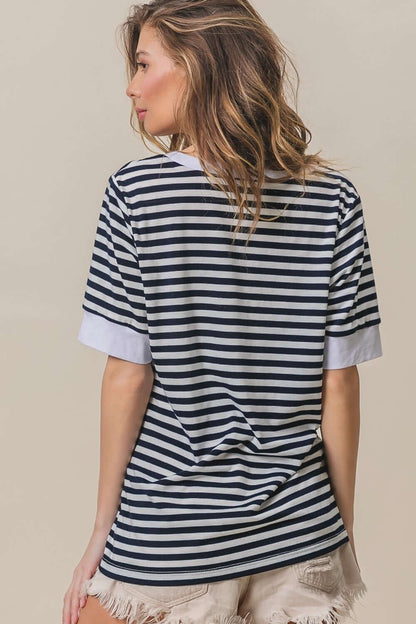 BiBi Contrast Striped Notched Knit Top - In Style Chics Boutique Women's Juniors Apparel Online 