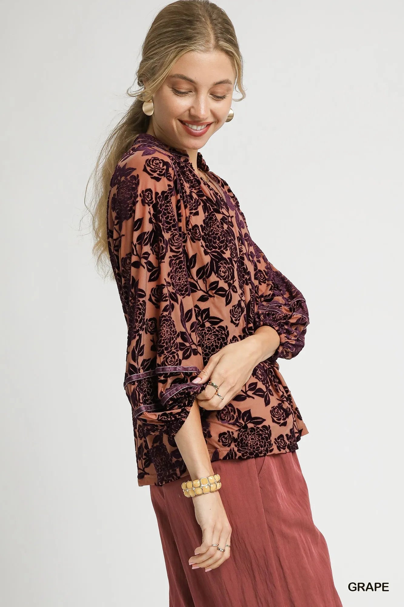 Floral Velvet Blouse with Balloon Sleeves at In Style Chics Boutique