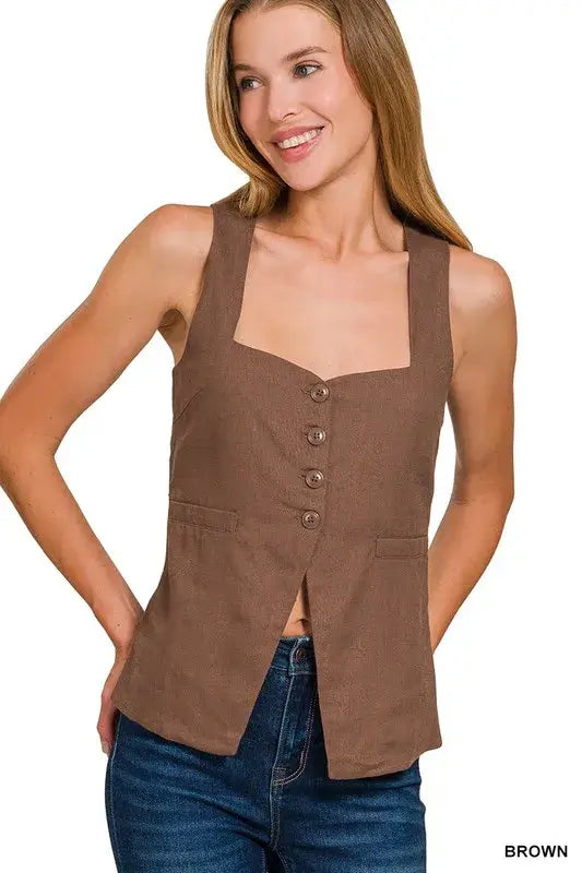 Linen Tie-back 4-button Vest with Lining - Cute Clothes for Summer - In Style Chics Boutique Women's Juniors Apparel Online 