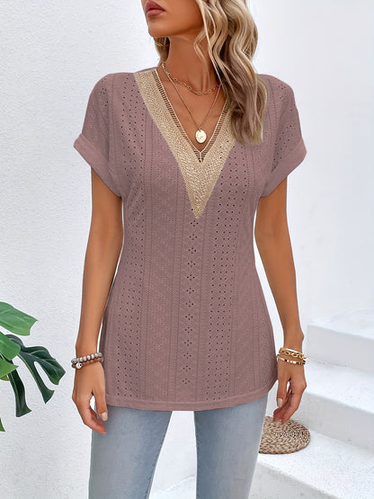 Slit Eyelet V-Neck Short Sleeve Blouse - More Colors! - In Style Chics Boutique LLC