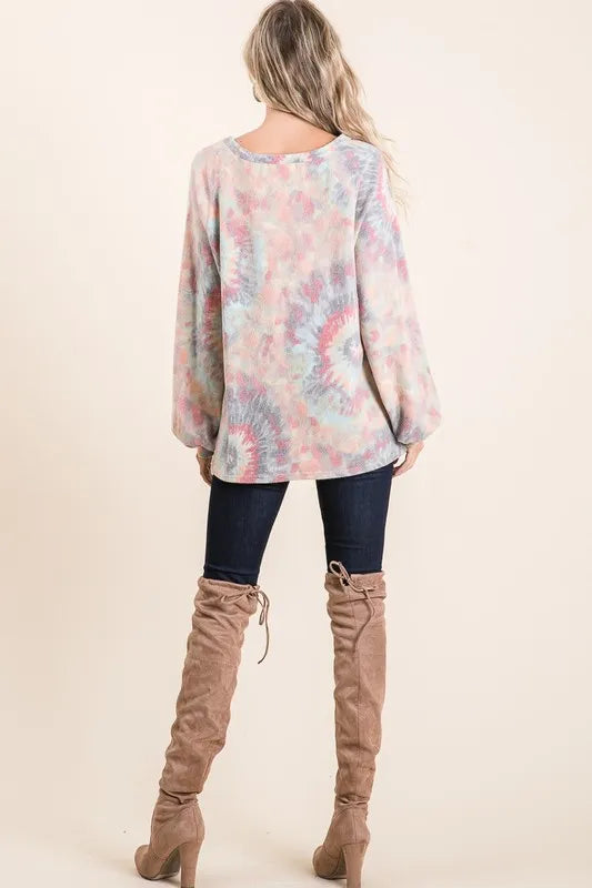 Brushed Tie Dye Print Top with Puff Sleeves at In Style Chics Boutique Fall 2025 Women's Fashion 
