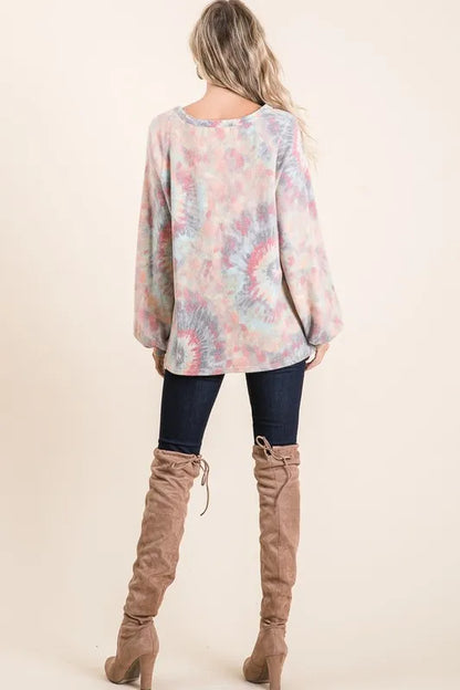 Brushed Tie Dye Print Top with Puff Sleeves at In Style Chics Boutique Fall 2025 Women's Fashion 