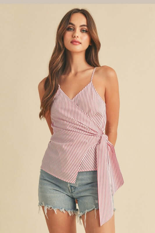 Aemi + Co Side Knotted Surplice Striped Cami - Cute Clothes Online - In Style Chics Boutique Women's Juniors Apparel