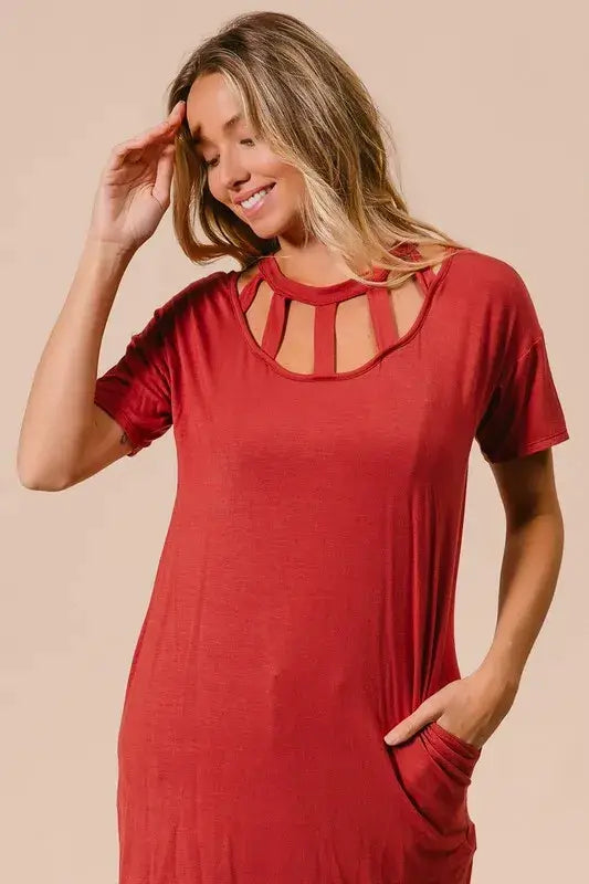Front Cutout Mini Tee Dress with Pockets - Shop Cute Clothes Online - In Style Chics Boutique Women's Juniors Apparel 