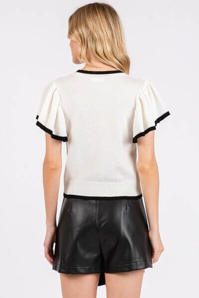 Mittoshop Contrast Trim Ruffled Cap Sleeve Knit Top