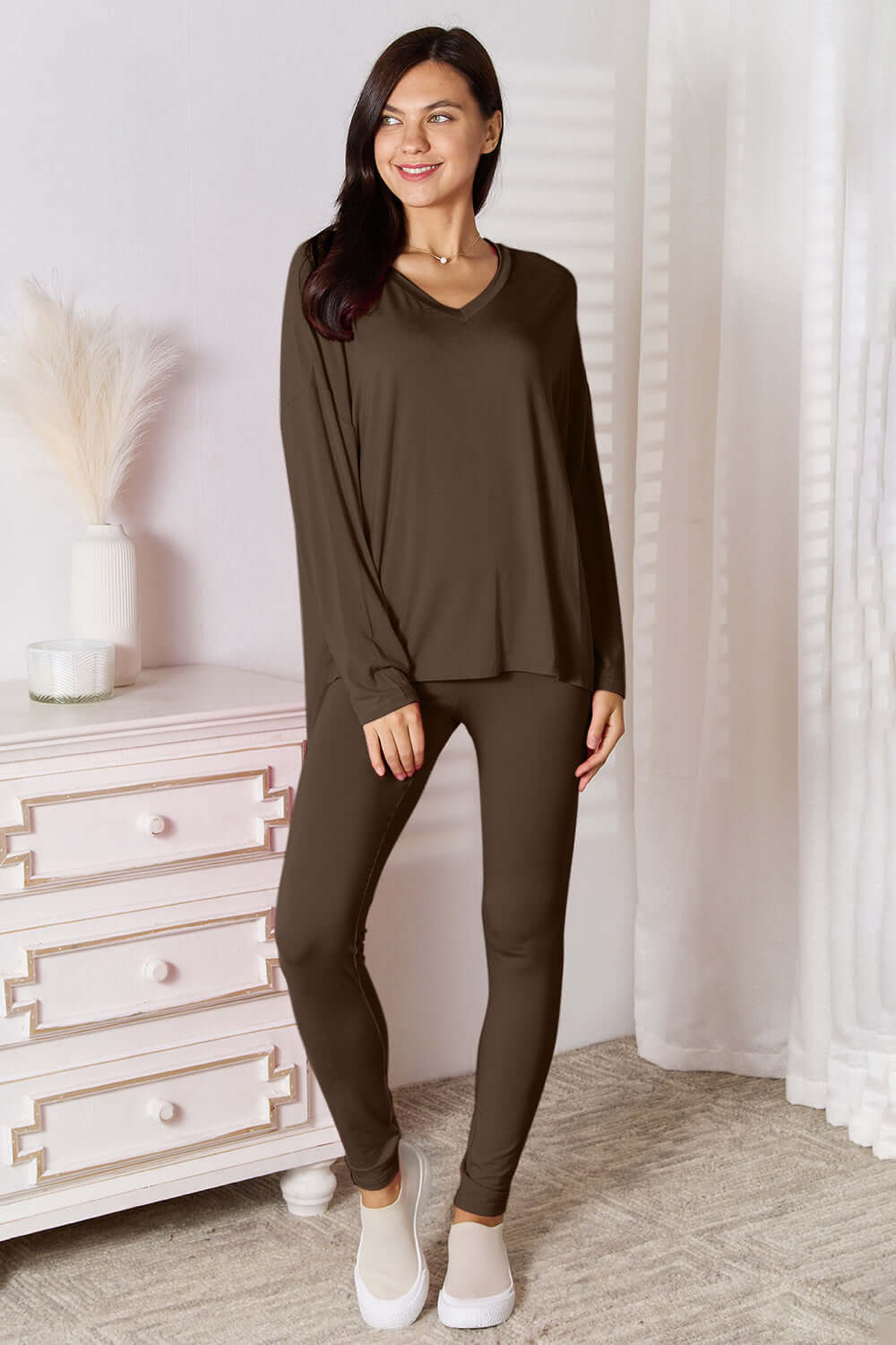 Basic Bae Bamboo Full Size V-Neck Long Sleeve Top and Pants Lounge Set - In Style Chics Boutique LLC