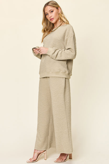 Double Take Full Size Texture Long Sleeve Top and Pants Set - In Style Chics Boutique LLC