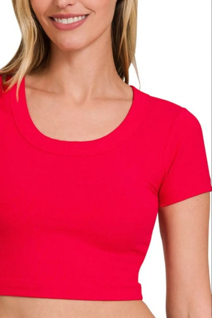 Short Sleeve Crop Top, Ribbed Scoop Neck - In Style Chics Boutique Cute Clothes Online Fourth of July tee 