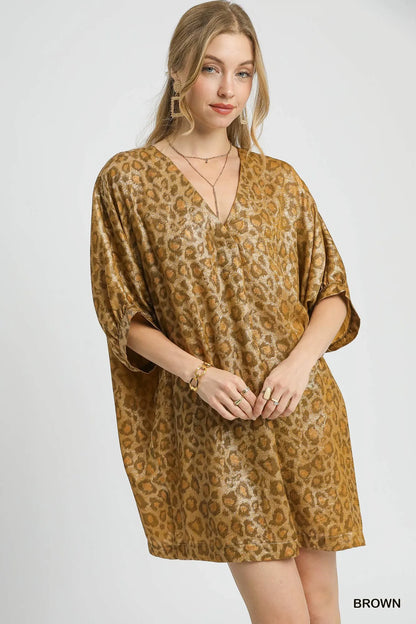 Metallic Leopard Print V-Neck Kimono Dress at In Style Chics Boutique 