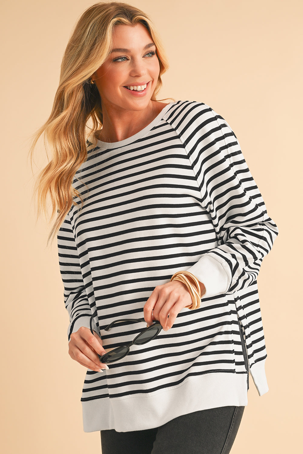 Black Stripe Raglan Sleeve Loose Split Sweatshirt - In Style Chics Boutique LLC