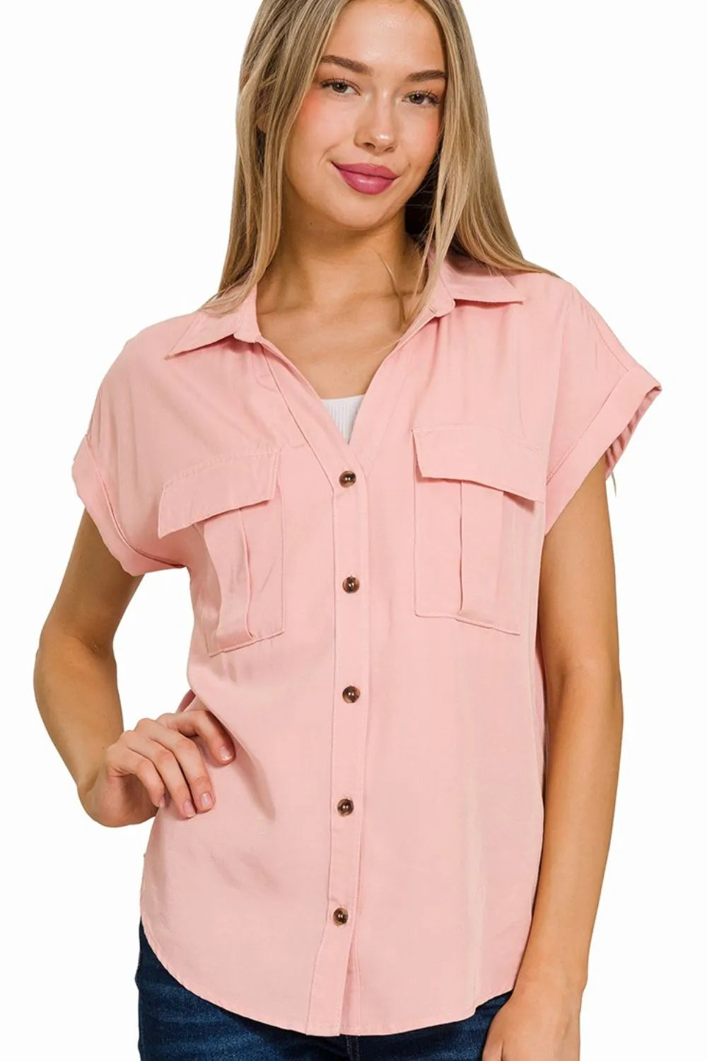Collared V-neck Tencel Top W Front Flap Pockets - In Style Chics Boutique Women's Juniors Clothes Online 