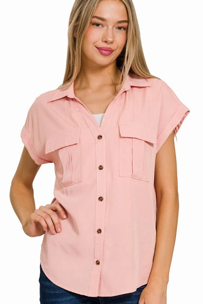 Collared V-neck Tencel Top W Front Flap Pockets - In Style Chics Boutique Women's Juniors Clothes Online 