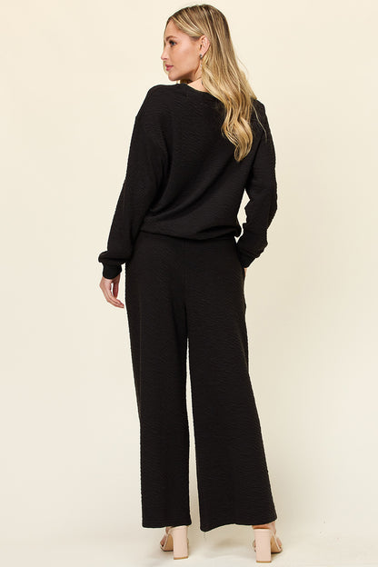 Double Take Full Size Texture Long Sleeve Top and Pants Set - In Style Chics Boutique LLC