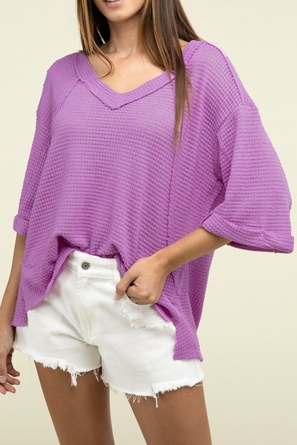 Brushed Waffle Exposed-Seam 3/4 Sleeve Top - In Style Chics Boutique LLC