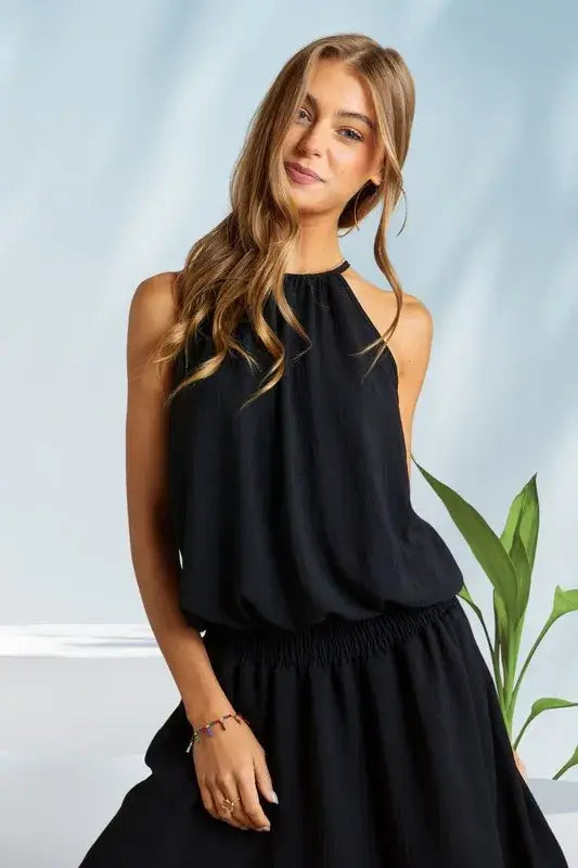 Halter Neck Smocking Waist Black Dress -  Cute Clothes - In Style Chics Boutique Women's Juniors Apparel Online 