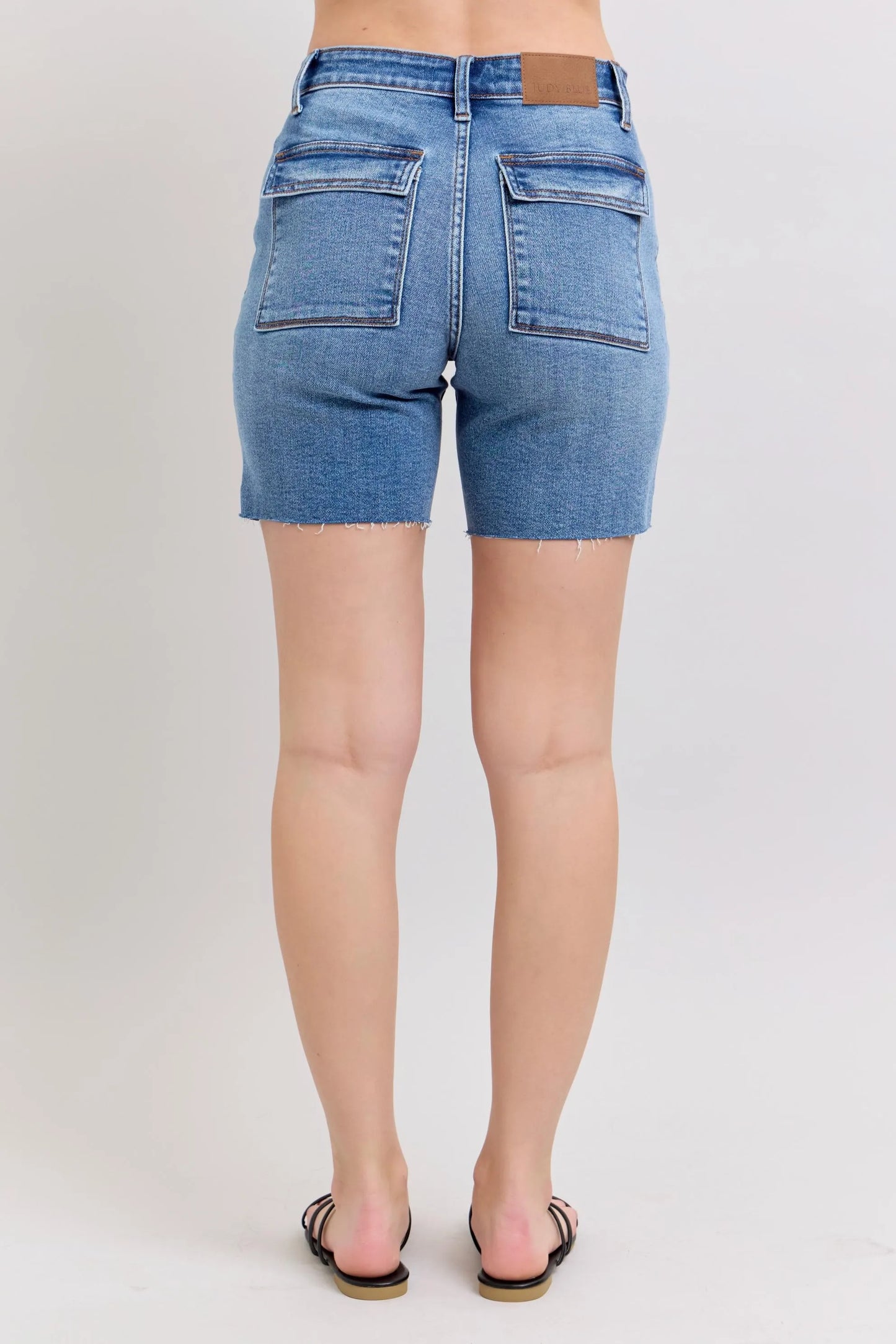 Judy Blue Mid Rise Bermuda Denim Jean Shorts W/ Back Flap Pockets - In Style Chics Boutique 