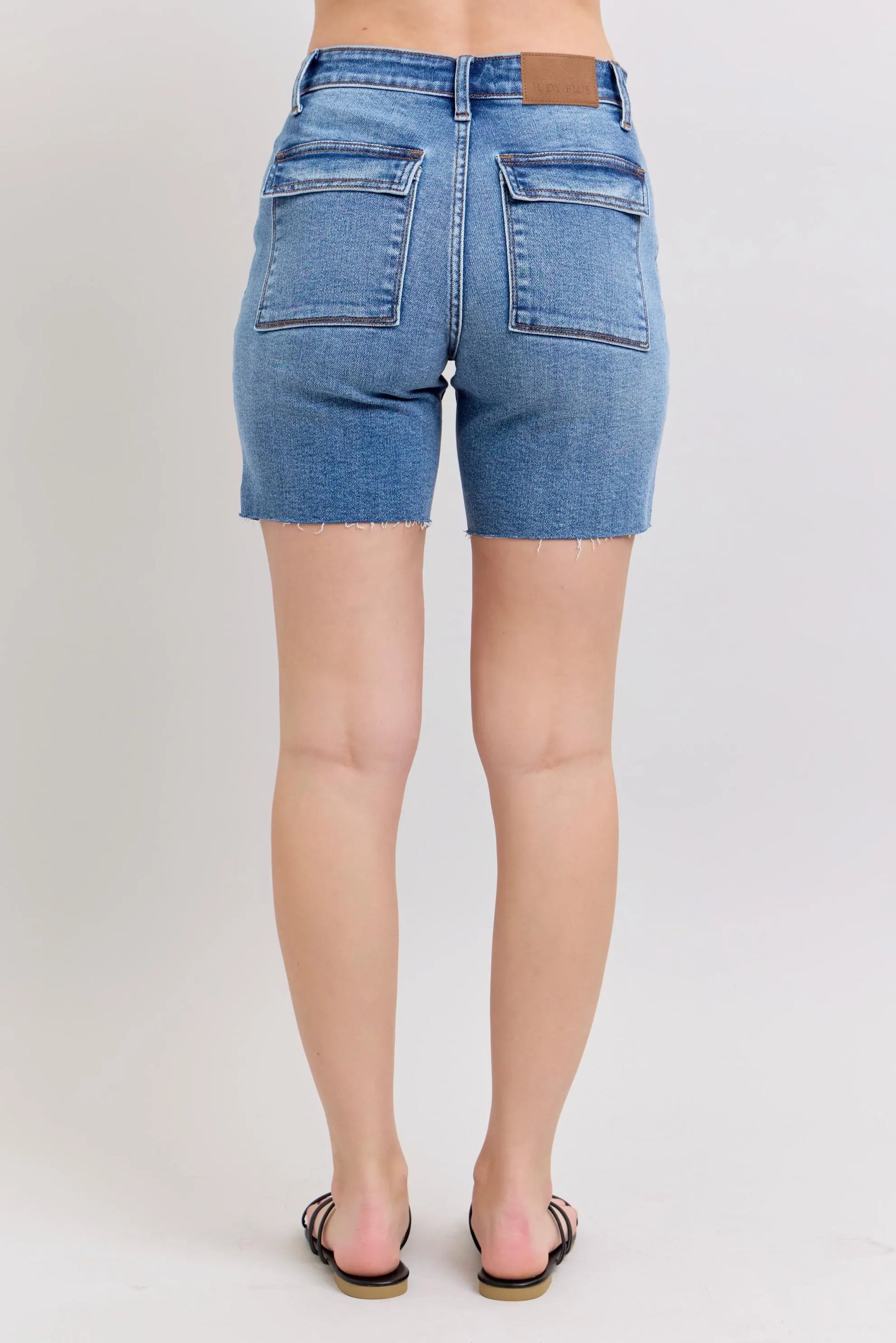 Judy Blue Mid Rise Bermuda Denim Jean Shorts W/ Back Flap Pockets - In Style Chics Boutique 