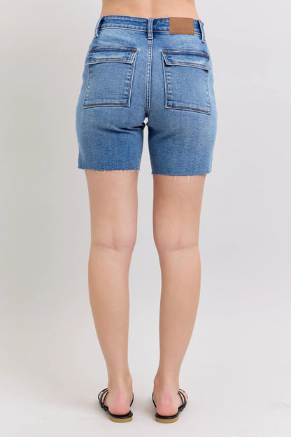 Judy Blue Mid Rise Bermuda Denim Jean Shorts W/ Back Flap Pockets - In Style Chics Boutique 