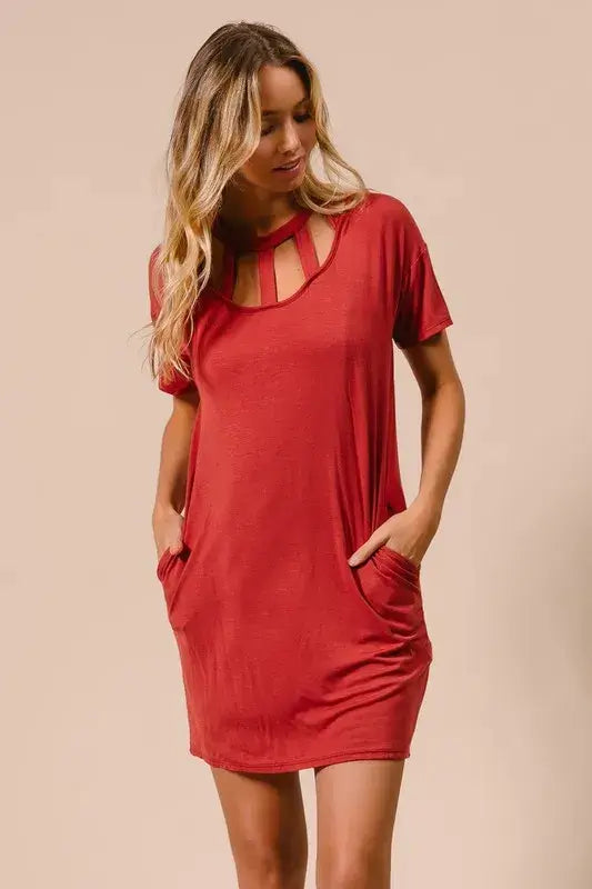Front Cutout Mini Tee Dress with Pockets - Shop Cute Clothes Online - In Style Chics Boutique Women's Juniors Apparel 