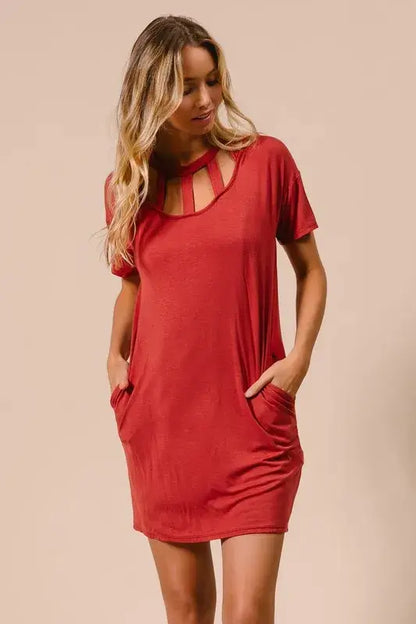Front Cutout Mini Tee Dress with Pockets - Shop Cute Clothes Online - In Style Chics Boutique Women's Juniors Apparel 