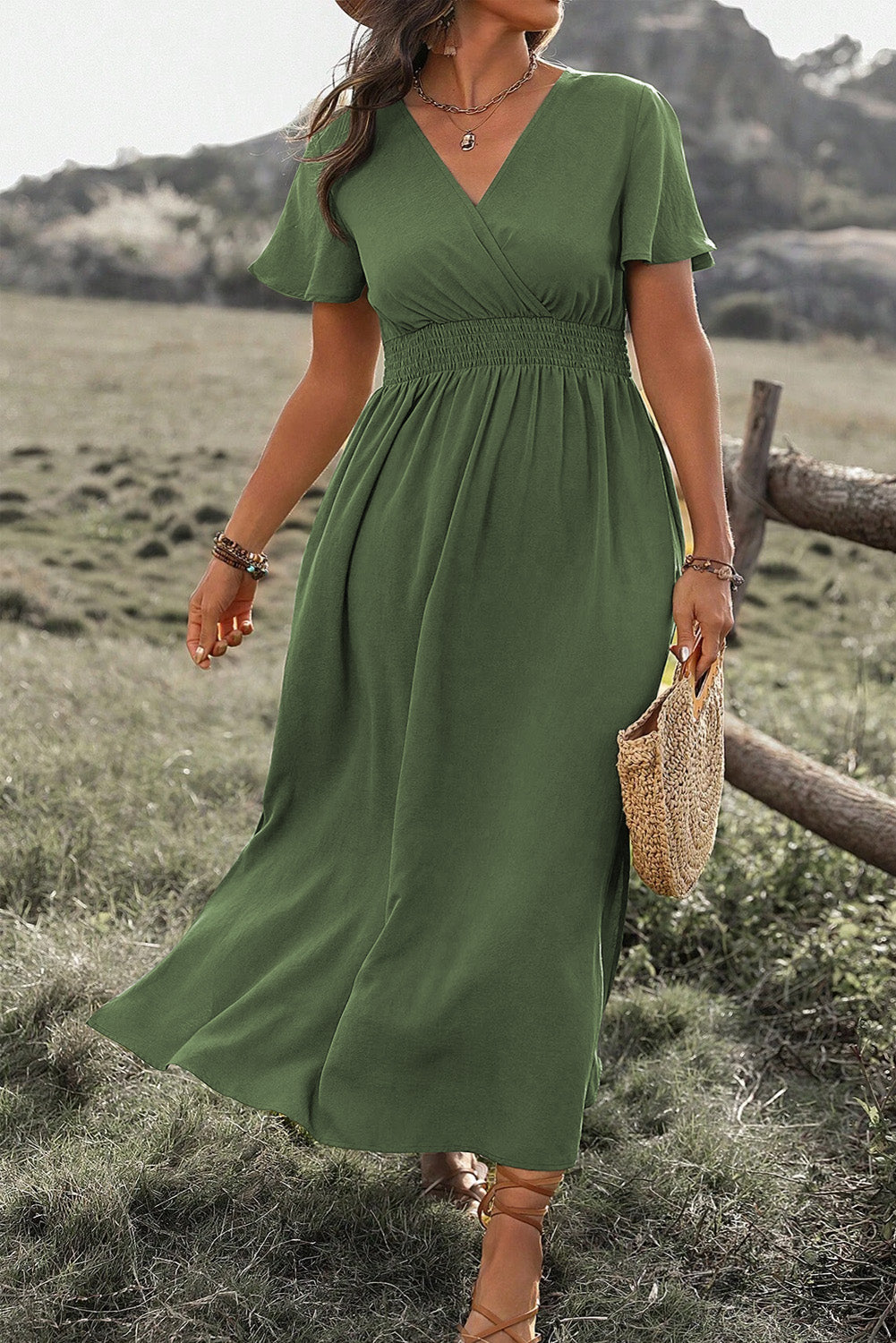 Green Surplice Neckline Smocked High Waist Plus Size Maxi Dress 1X 2X 3X 4X - In Style Chics Boutique 