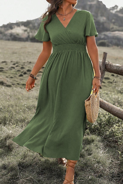 Green Surplice Neckline Smocked High Waist Plus Size Maxi Dress 1X 2X 3X 4X - In Style Chics Boutique 