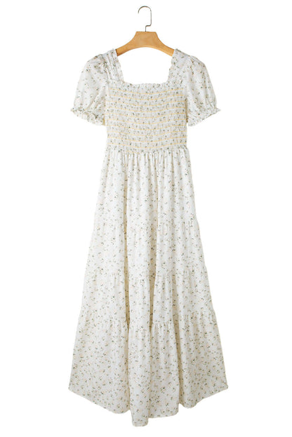 White Frill Neckline Shirred Bodice Floral Maxi Dress - In Style Chics Boutique Online Clothing Women's Juniors Apparel 