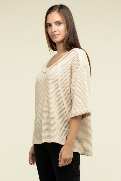 Brushed Waffle Exposed-Seam 3/4 Sleeve Top - In Style Chics Boutique LLC