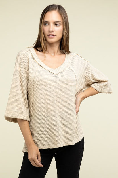 Brushed Waffle Exposed-Seam 3/4 Sleeve Top - In Style Chics Boutique LLC