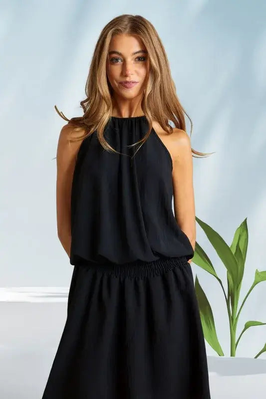 Halter Neck Smocking Waist Black Dress -  Cute Clothes - In Style Chics Boutique Women's Juniors Apparel Online 